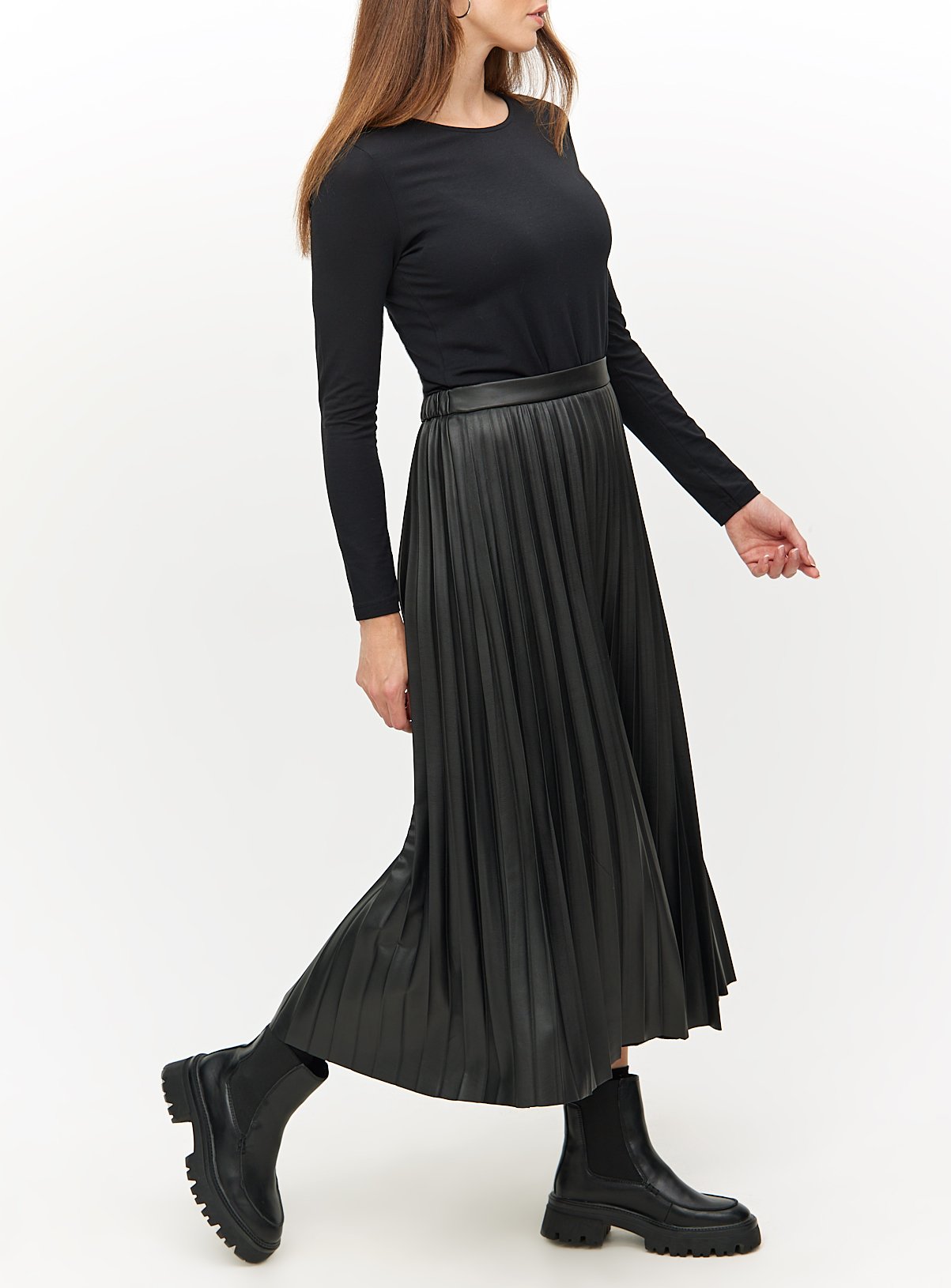 Black Faux Leather Pleated Midaxi Skirt 14