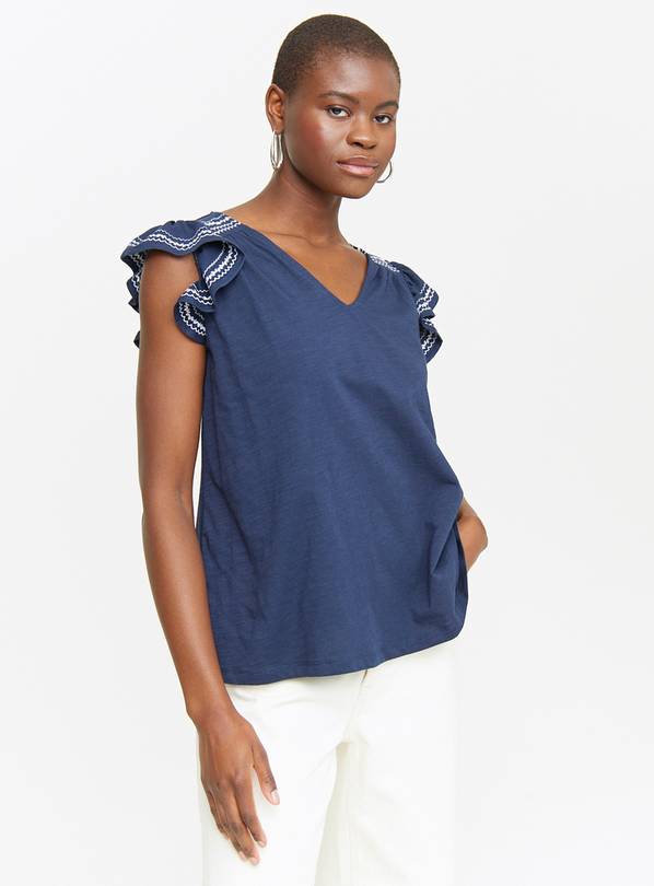 Navy Embroidered Frill Sleeve Top 22