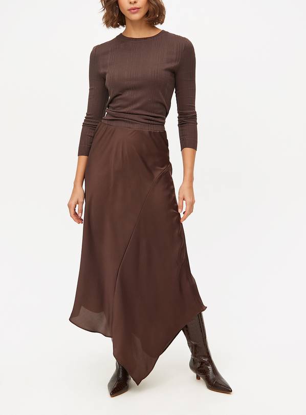 Brown Satin Asymmetric Midaxi Skirt 12