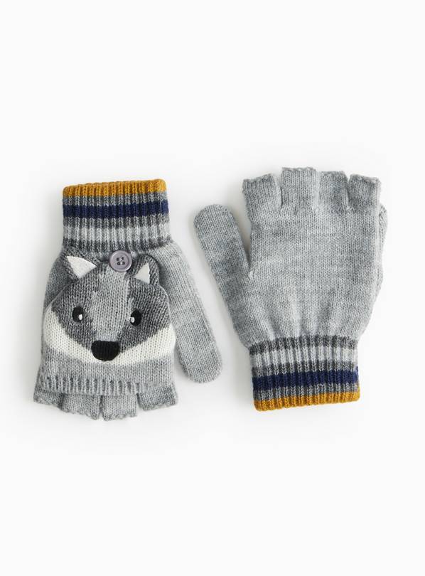 Novelty Badge Grey Knitted Gloves 6-9 years