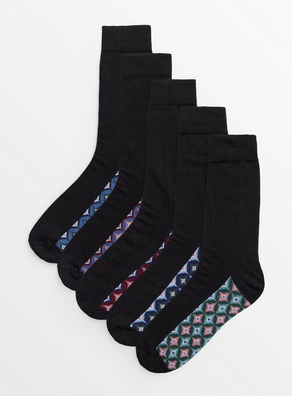 Black Geometric Tile Footbed Ankle Socks 5 Pack 6-8.5