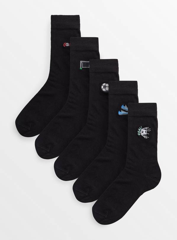 Black Football Embroidered Ankle Socks 5 Pack 9-12
