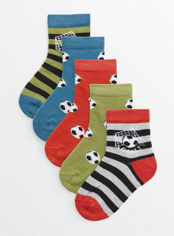 Football & Stripe Print Ankle Socks 5 Pack 3-5.5