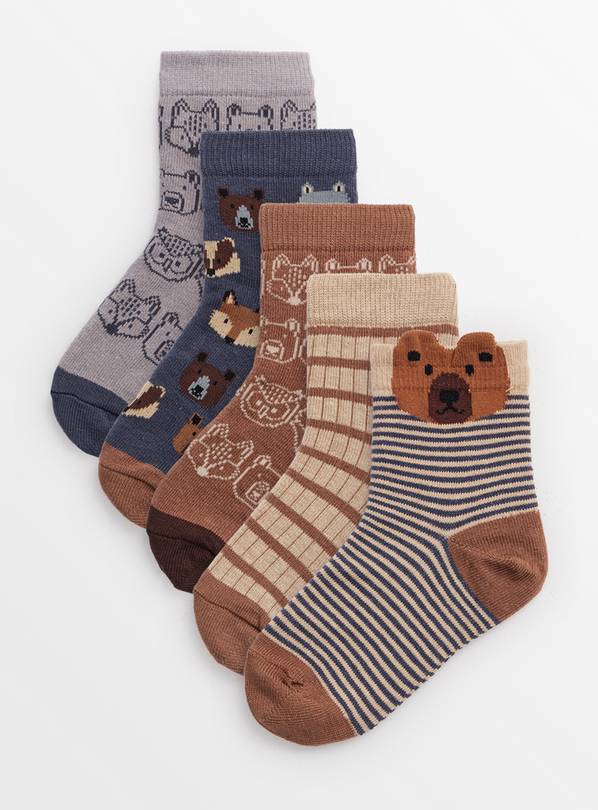 Brown Woodland Bear Print Ankle Socks 5 Pack 6-8.5