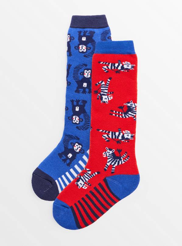 Monkey & Zebra Print Welly Socks 2 Pack 3-5.5
