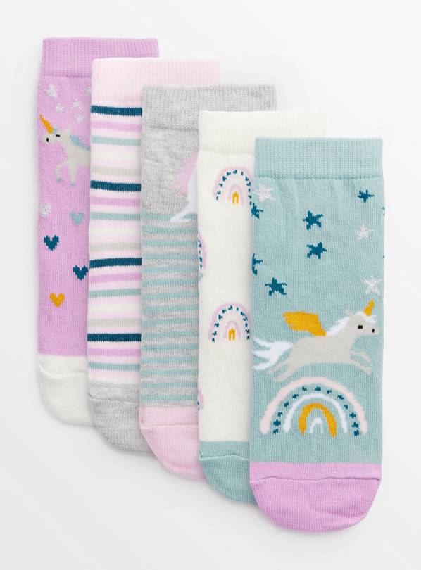 Unicorn & Rainbow Print Ankle Socks 5 Pack 6-8.5