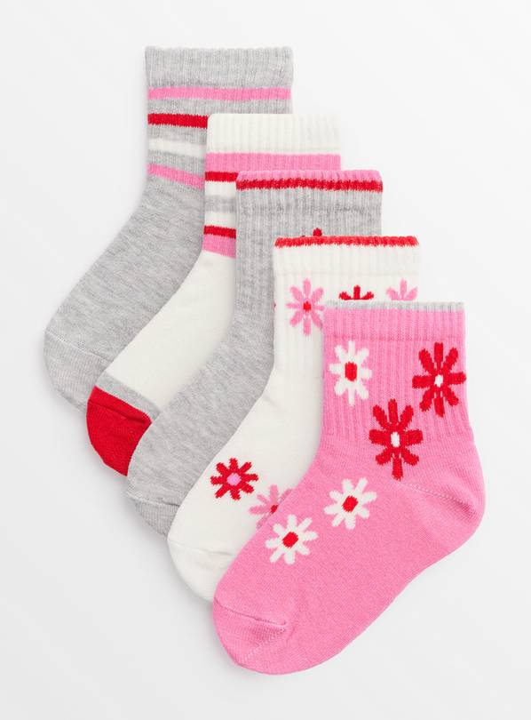 Grey & Pink Floral Ankle Socks 5 Pack 6-8.5