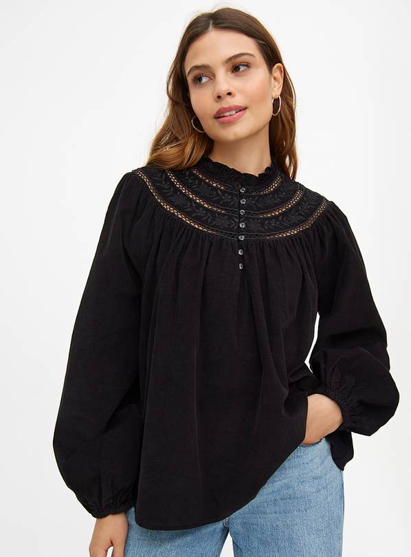 Black Embroidered Neckline Long Sleeve Blouse 22