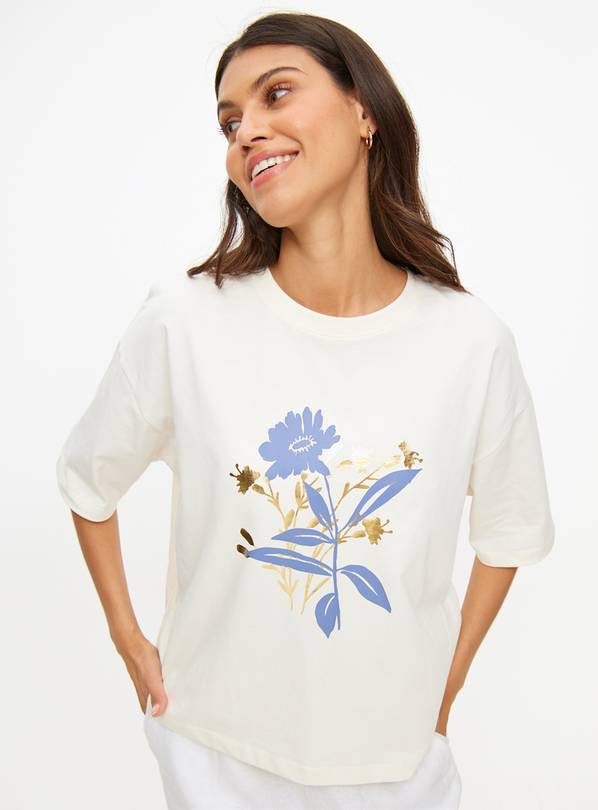 Cream Foil Flower Print Boxy Fit T-Shirt 8