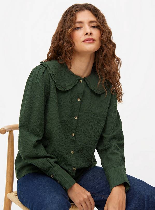 Dark Green Collared Seersucker Long Sleeve Blouse 24