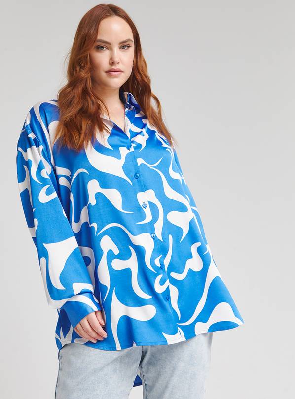 SIMPLY BE Blue Swirl Print Relaxed Satin Shirt 30