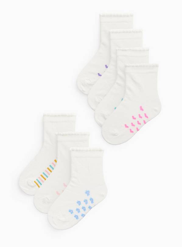 White Pattern Footbed Ankle Socks 7 Pack 4-5.5