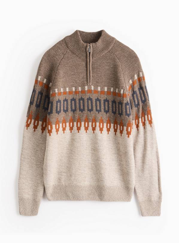 Neutral Geometric Quarter-Zip Knitted Jumper L