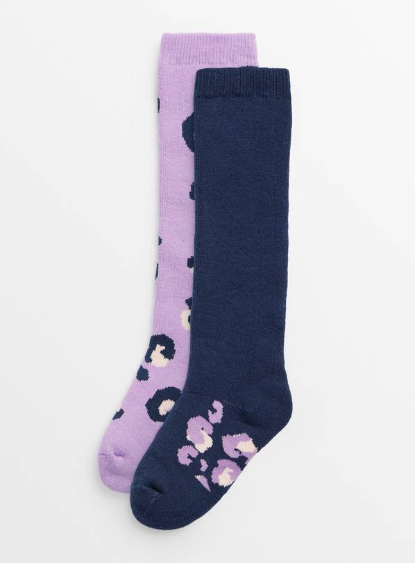 Lilac Leopard Print Welly Socks 2 Pack 6-8.5