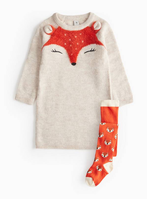 Cream Knitted Fox Print Dress & Tights Set  4-5 years