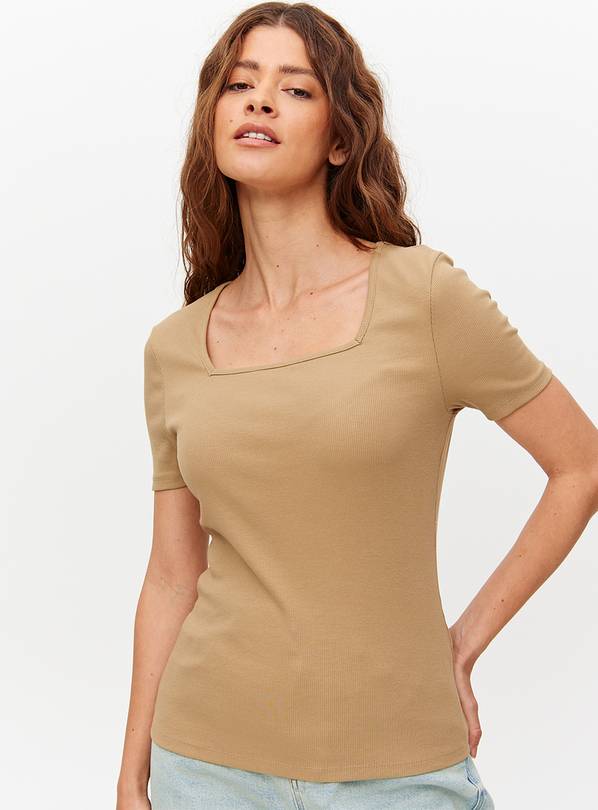 Camel Ribbed Square Neck T-Shirt 10