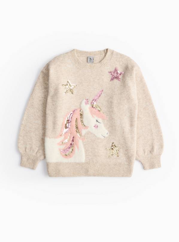 Oatmeal Embellished Sequin Unicorn Knitted Jumper 10 years