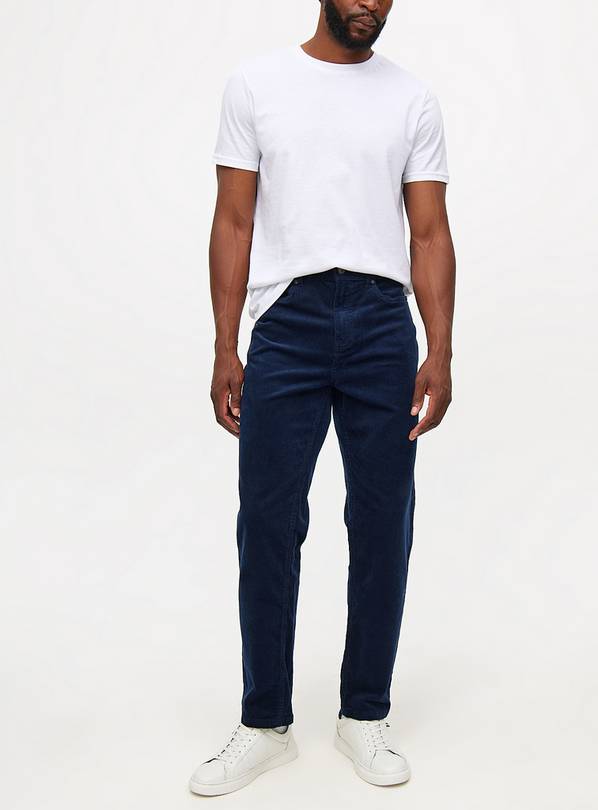 Navy Corduroy Straight Leg Trousers 30R