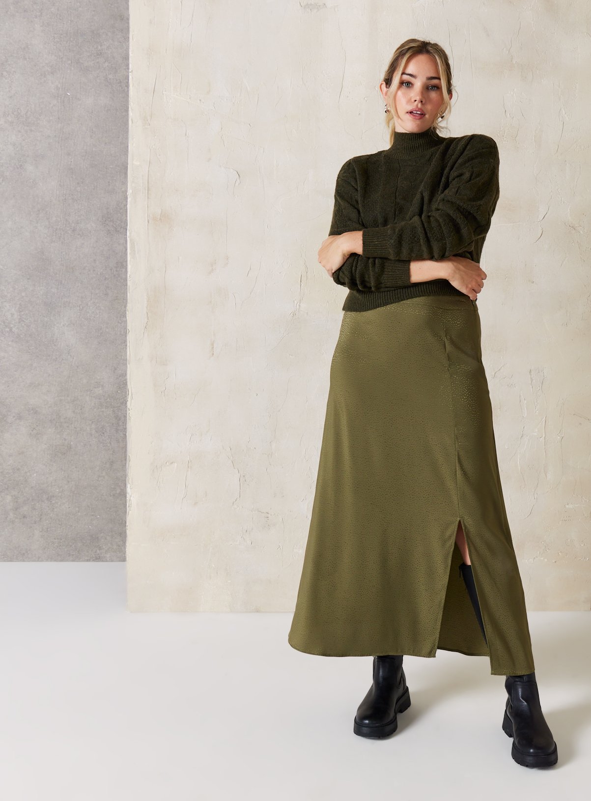 EVERBELLE Khaki Jaquard Satin Slip Skirt 12 - Image 1 thumbnail