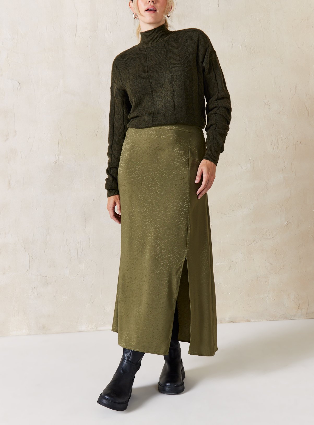 EVERBELLE Khaki Jaquard Satin Slip Skirt 12 - Image 3 thumbnail