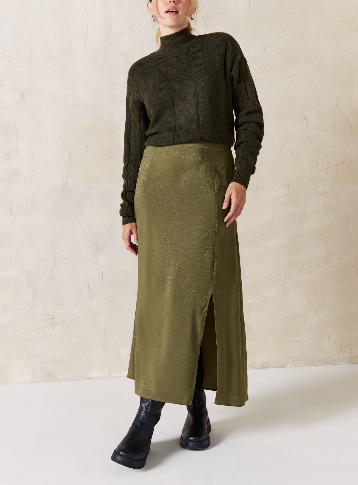 EVERBELLE Khaki Jaquard Satin Slip Skirt 12 - Image 3