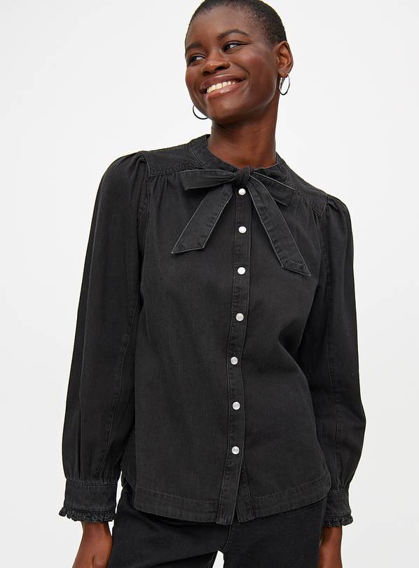 Black Tie Neck Denim Blouse 8