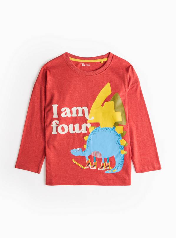 Red I Am Four Dinosaur Graphic T-Shirt 3-4 years