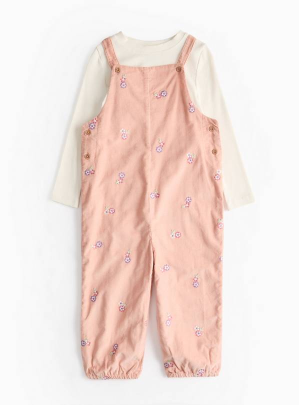 Cream Top & Pink Floral Embroidered Cord Dungarees Set  3-4 years