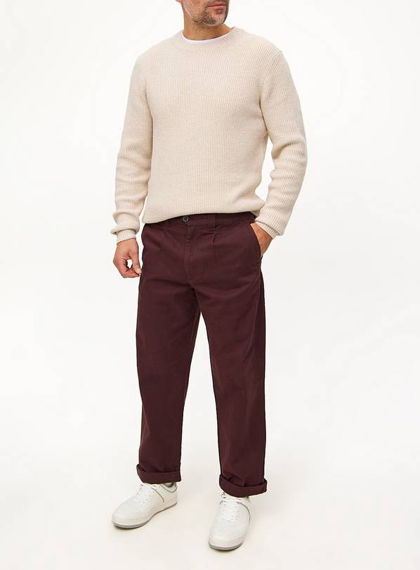 Burgundy Pleat Front Straight Leg Chino Trousers 38S
