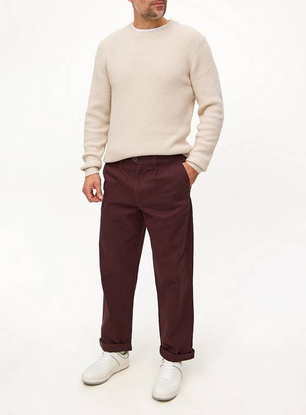 Burgundy Pleat Front Straight Leg Chino Trousers 32S