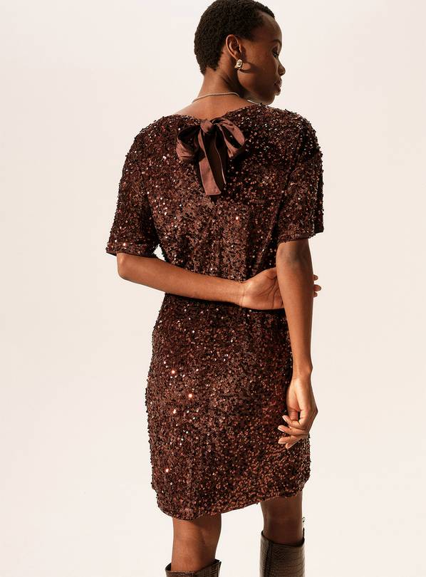 Bronze Sequin Embellished Short Sleeve Mini Dress 22