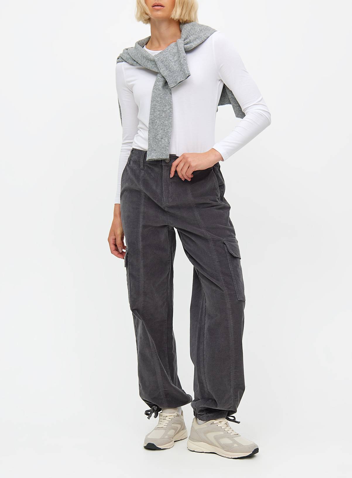 Charcoal Corduroy Cuffed Cargo Trousers 24 - Image 1