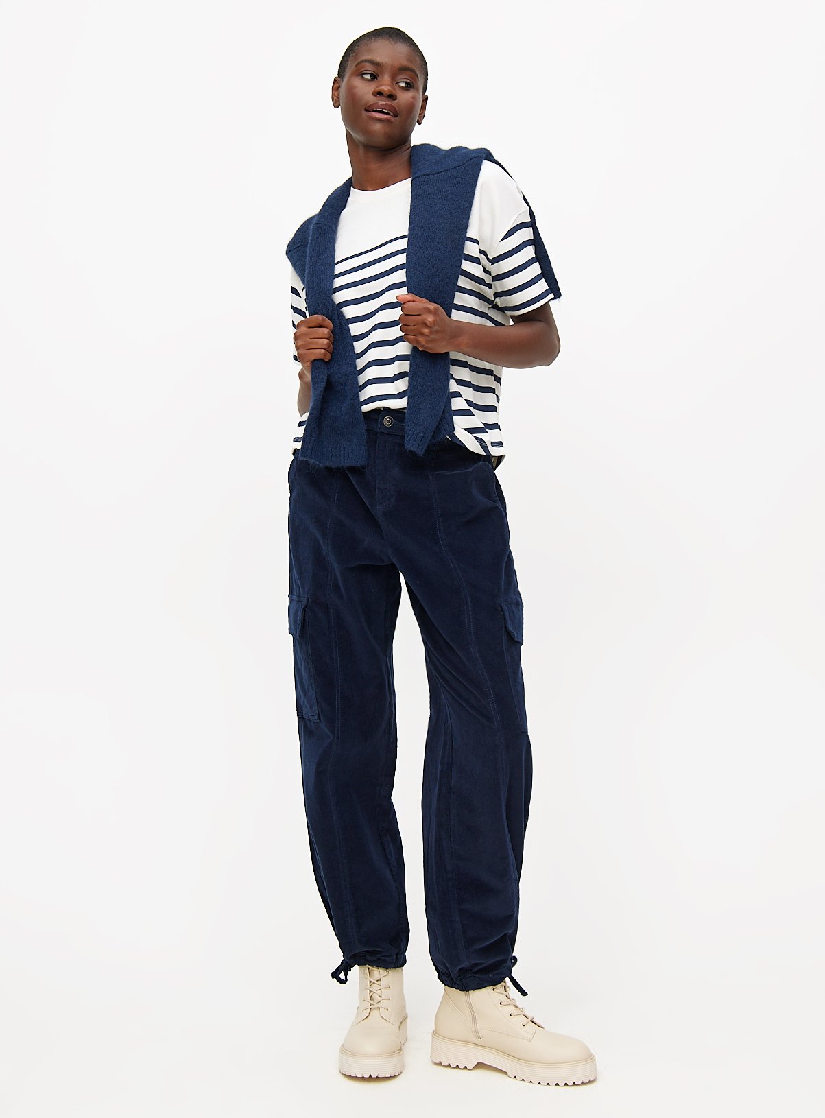 Navy Corduroy Cuffed Cargo Trousers 20 - Image 2 thumbnail
