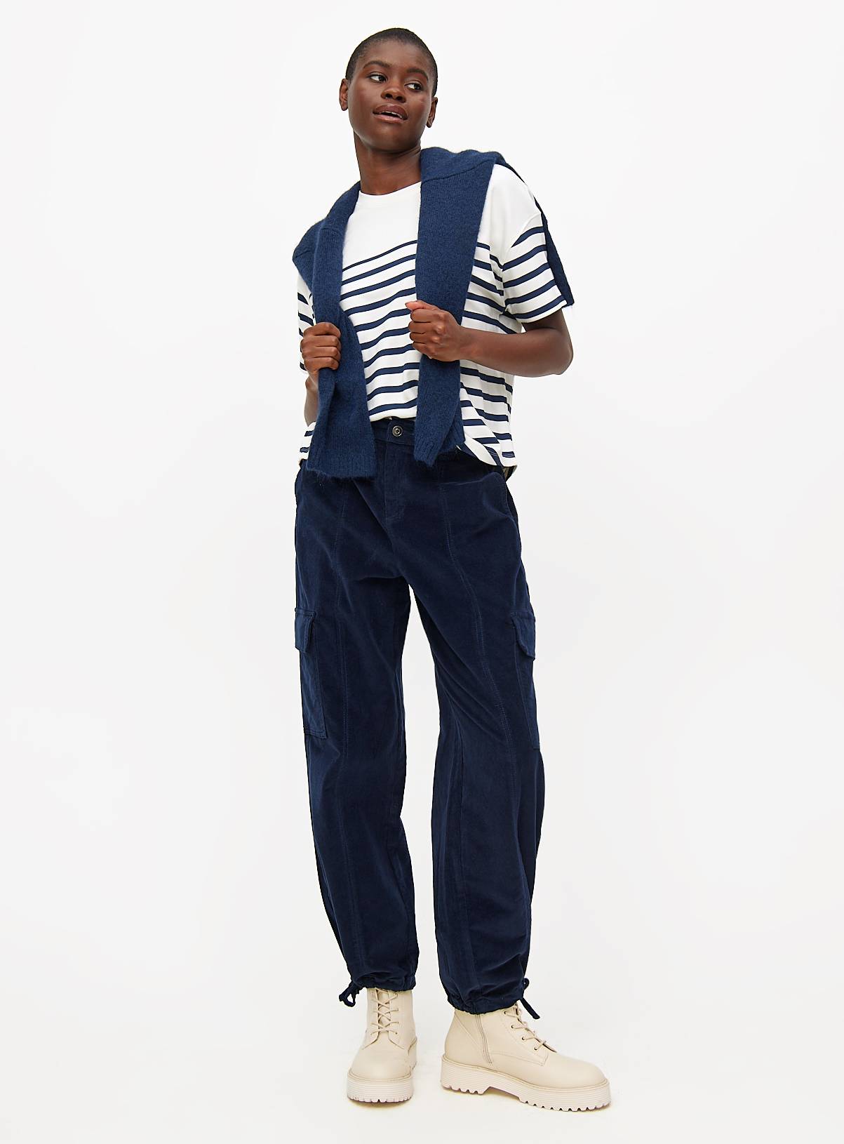Navy Corduroy Cuffed Cargo Trousers 20 - Image 2