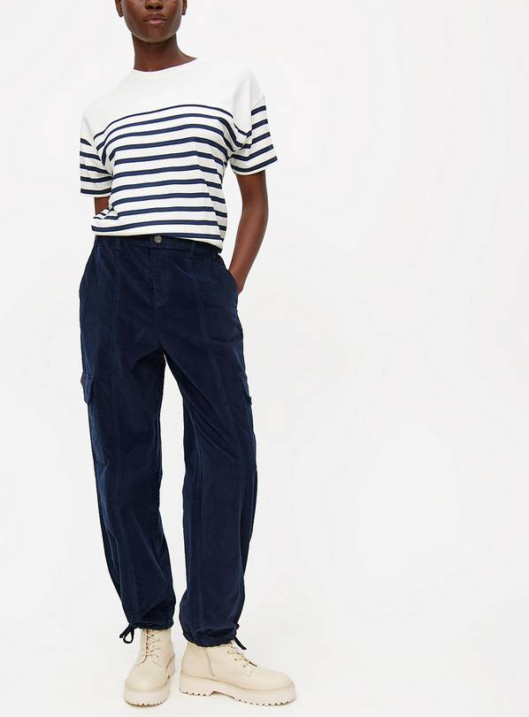 Navy Corduroy Cuffed Cargo Trousers 16