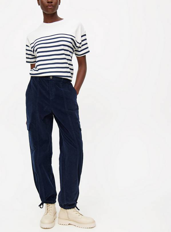 Navy Corduroy Cuffed Cargo Trousers 10