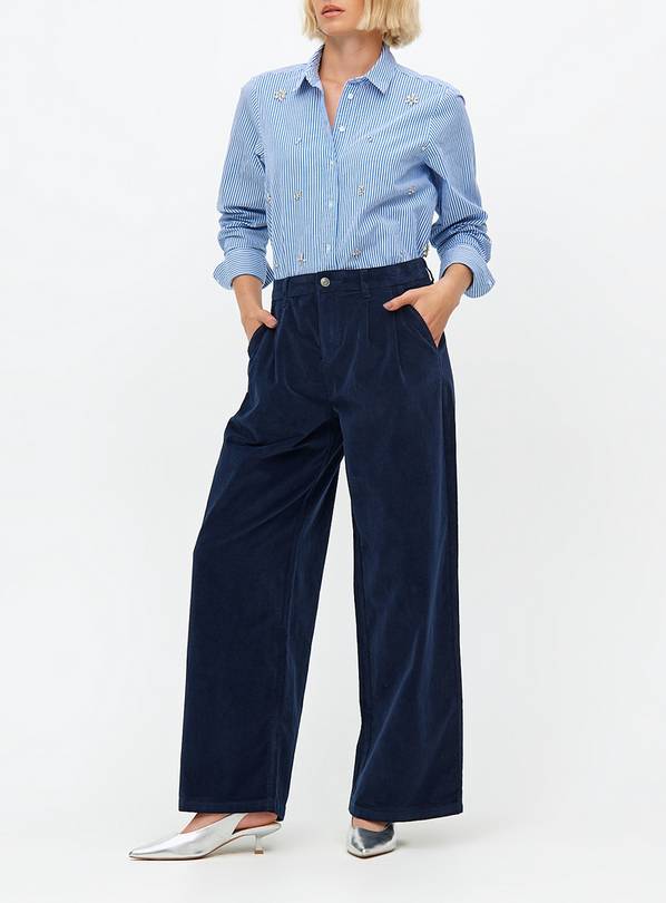 Navy Wide Leg Corduroy Trousers 14