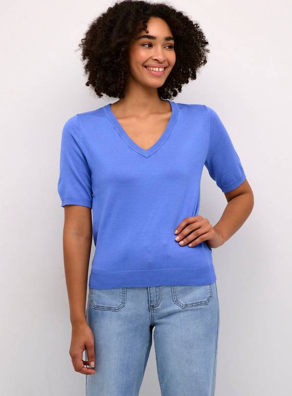 KAFFE Lizza V Neck Short Sleeve Pullover Blue L