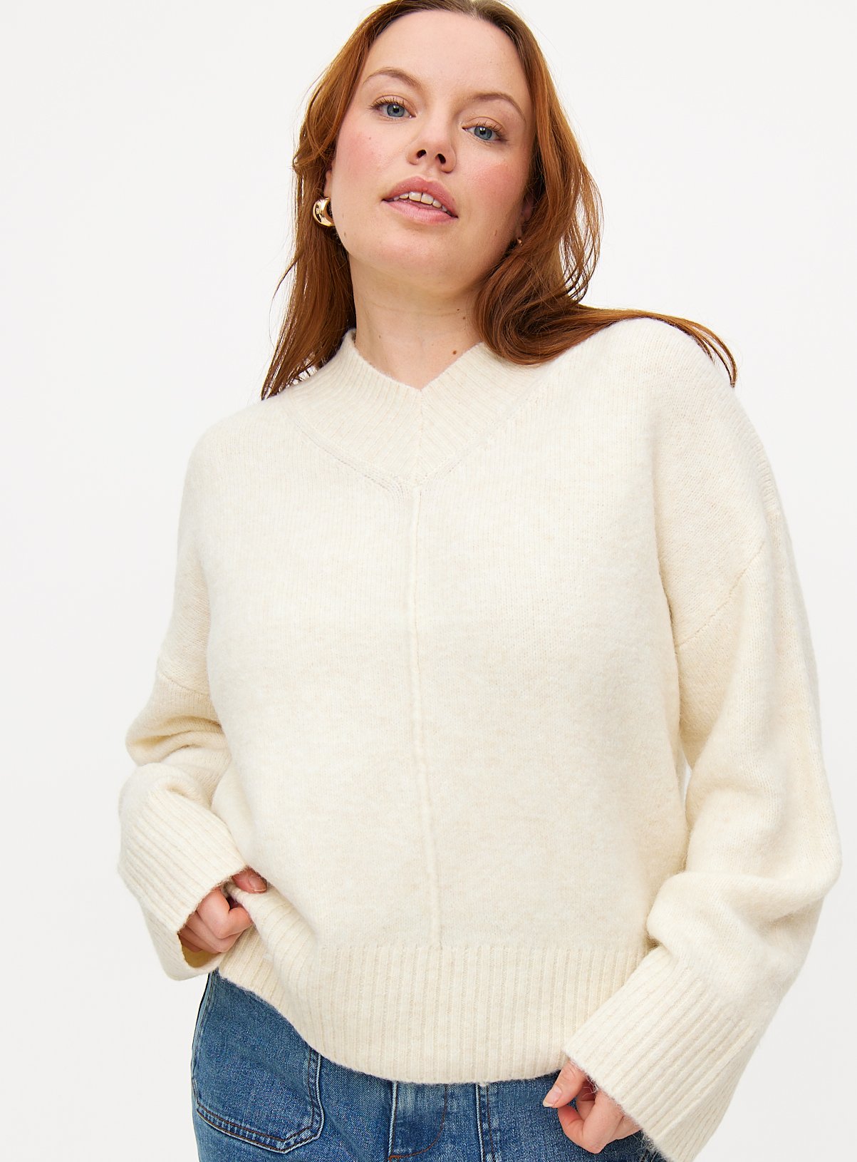 Cream High V Neck Relaxed Knitted Jumper 14 - Image 1 thumbnail