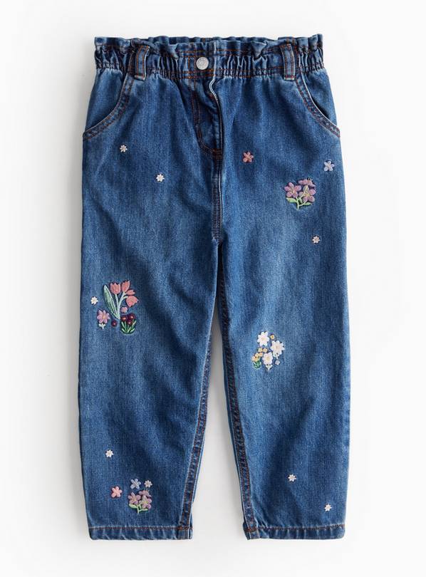 Blue Floral Embroidered Paperbag Denim Jeans  4-5 years