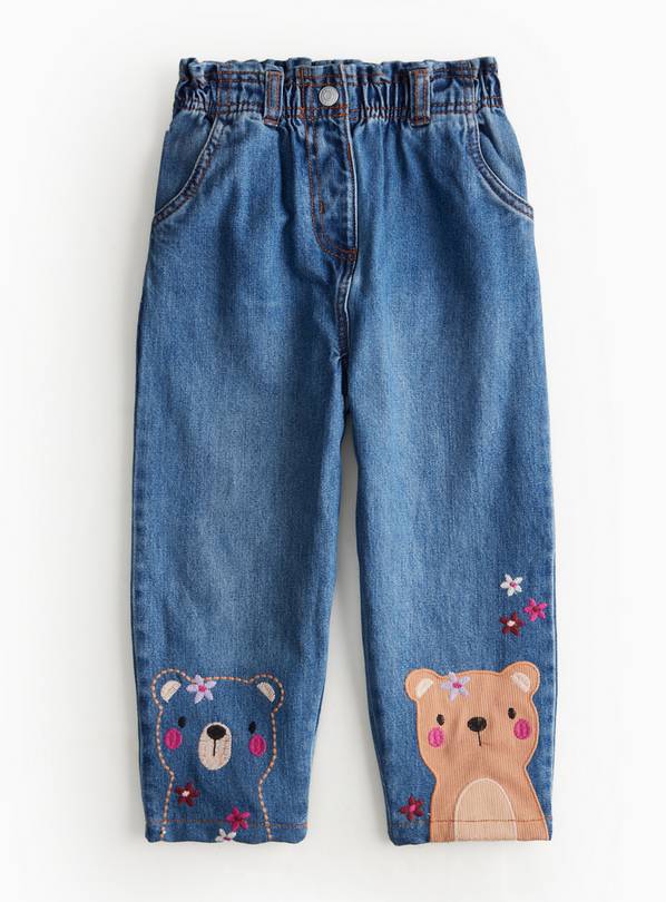 Mid Blue Bear Applique Paperbag Denim Jeans  2-3 years