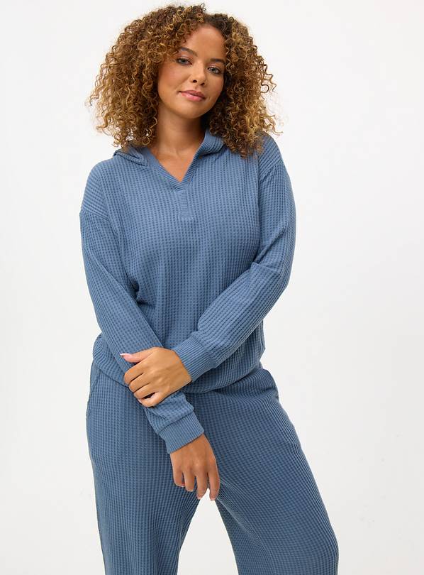 Blue Waffle V Neck Hooded Coord Pyjama Top  M