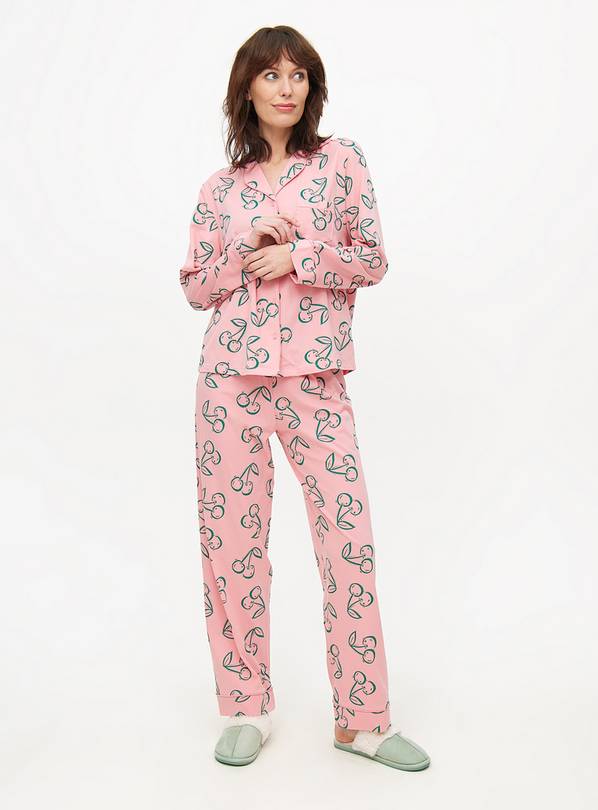 Pink Cherry Printed Jersey Traditional Pyjamas M