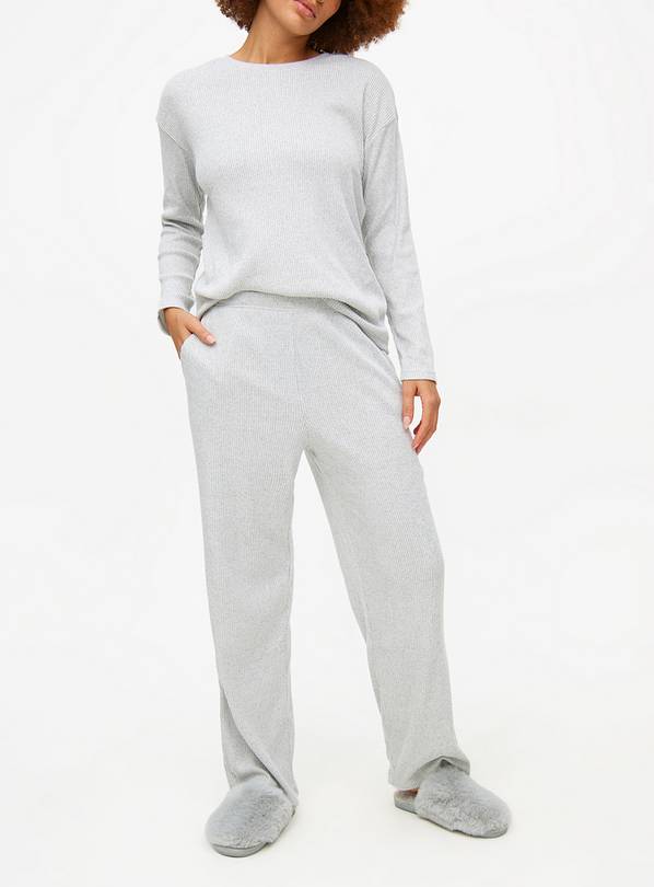 Grey Ribbed Wide Leg Co-ord Pyjama Bottoms L