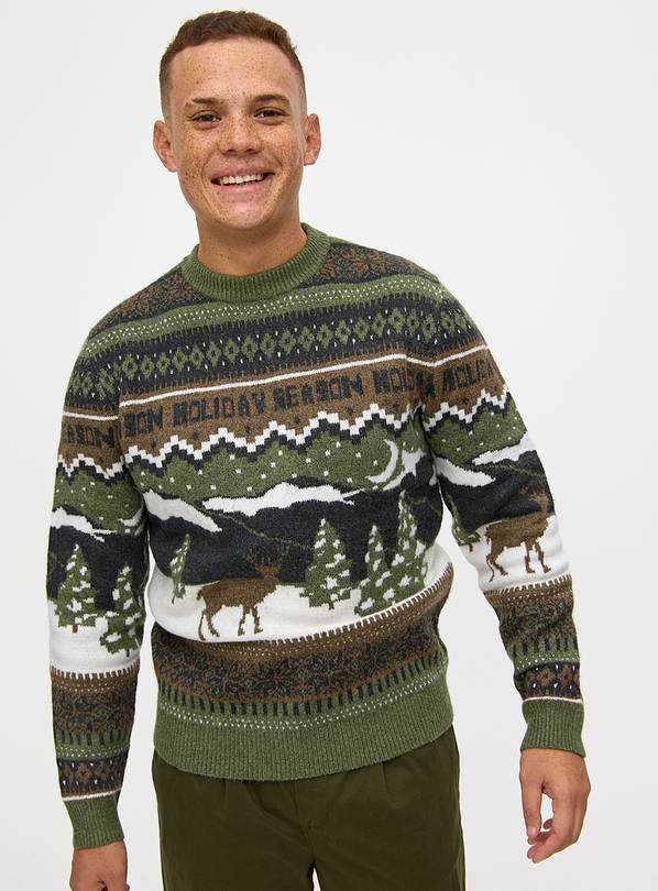 Khaki Fair Isle Christmas Knitted Jumper M