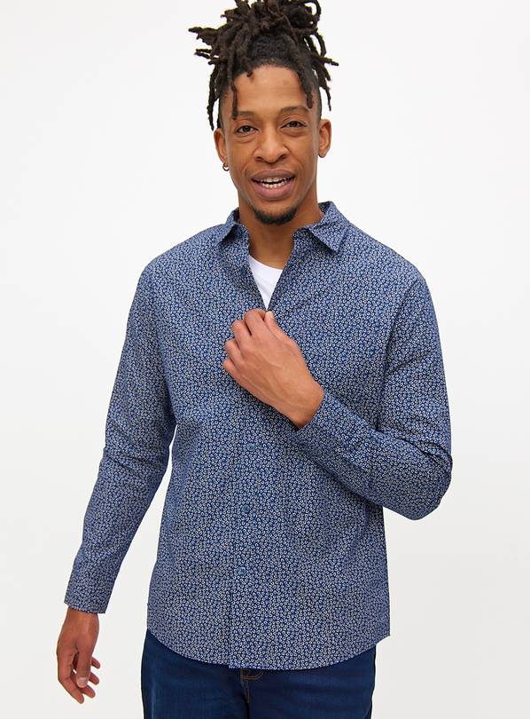 Navy Blue Leaf Printed Long Sleeve Shirt L