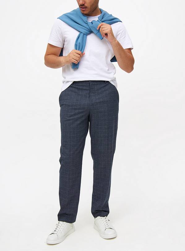 Navy Check Printed Smart Trousers  30R