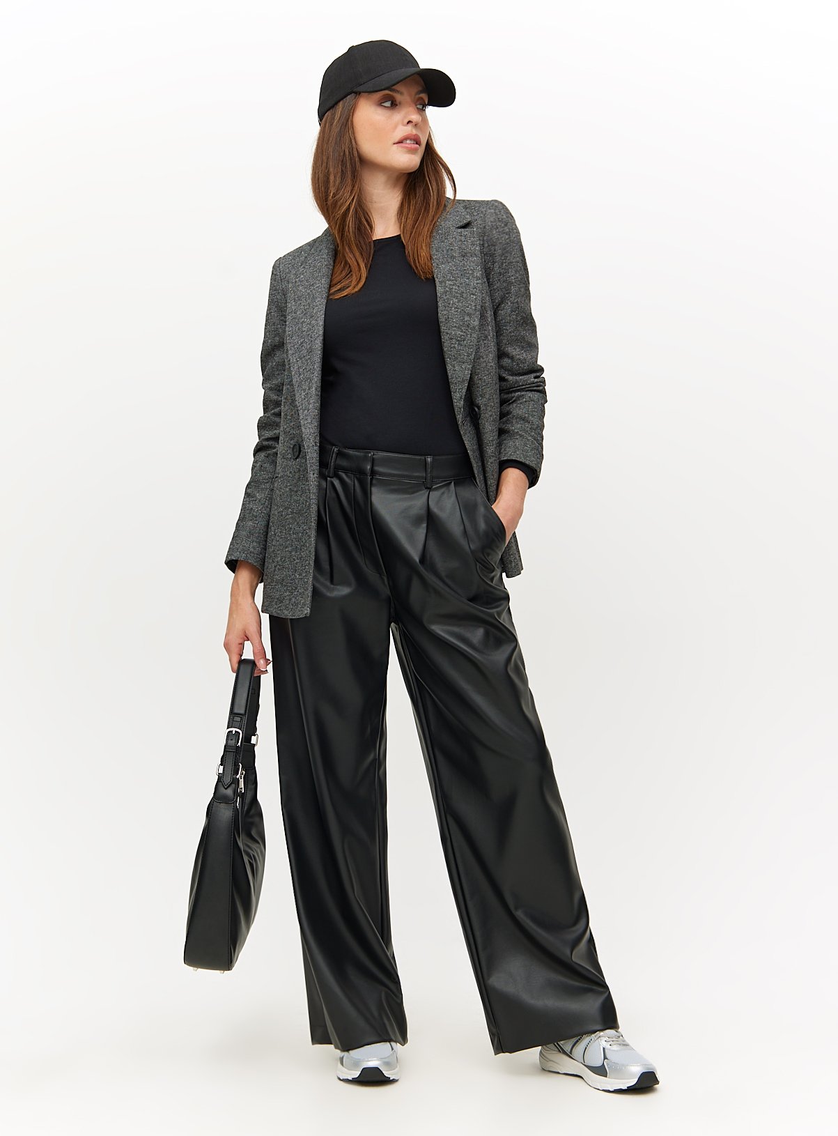 Black Tailored Faux Leather Wide Leg Trousers  14R - Image 2 thumbnail