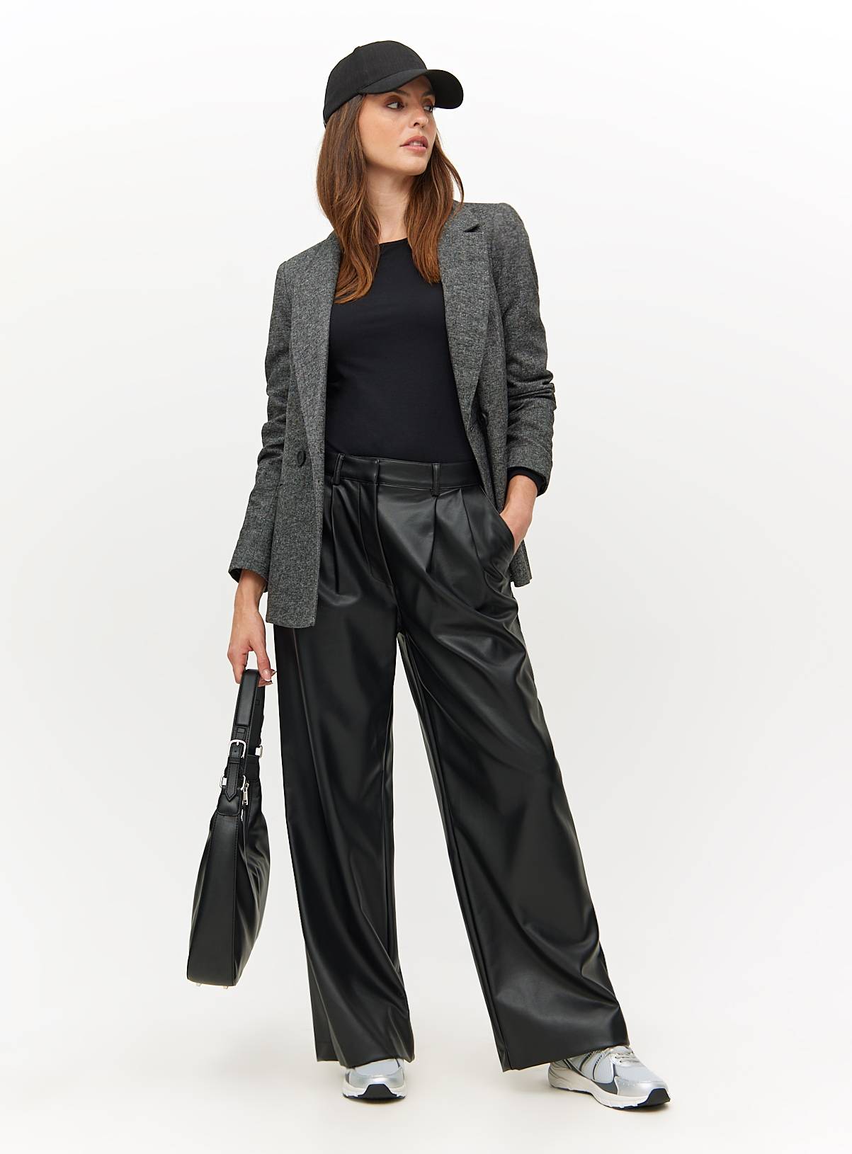 Black Tailored Faux Leather Wide Leg Trousers  14R - Image 2