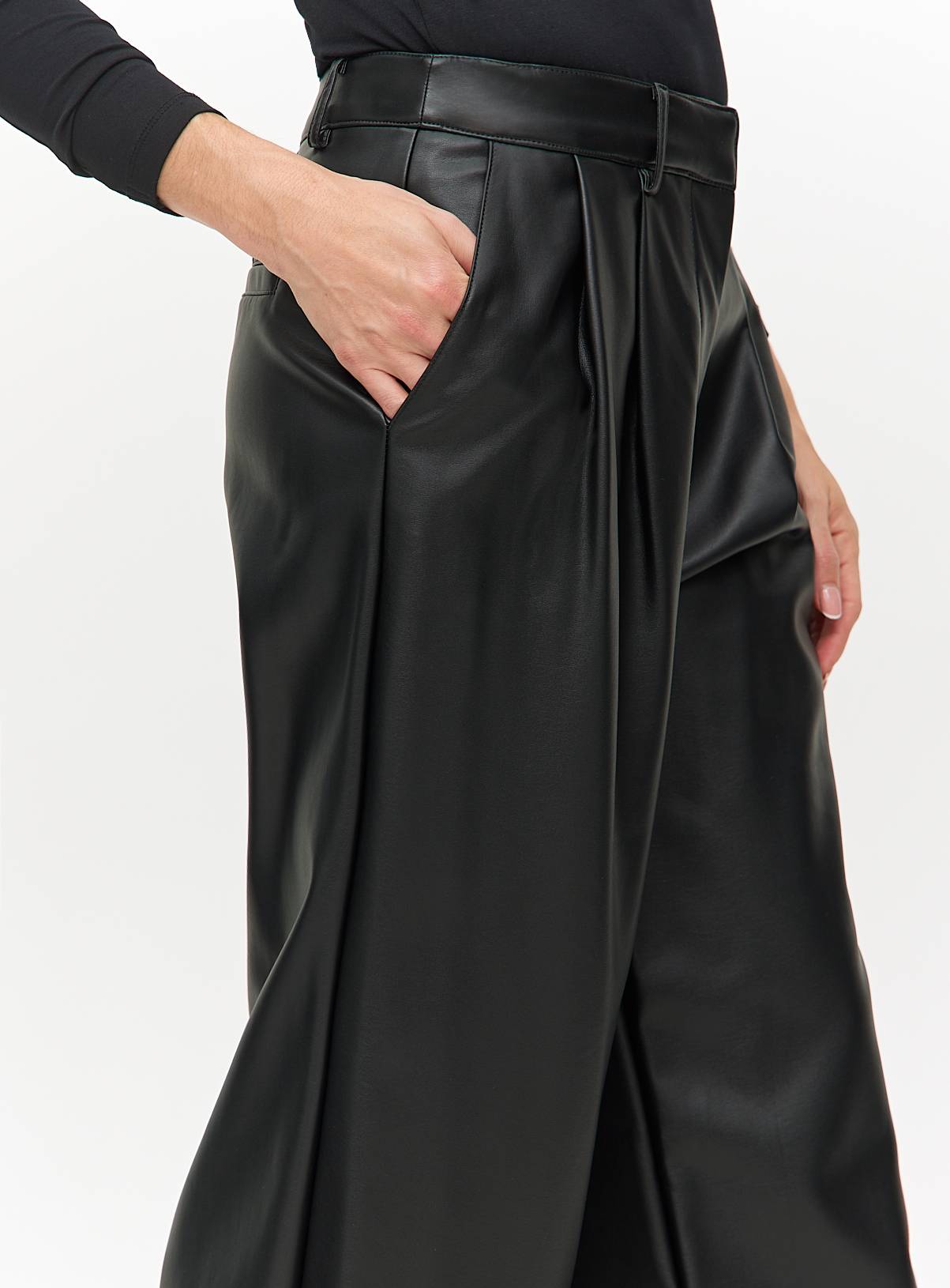 Black Tailored Faux Leather Wide Leg Trousers  14R - Image 3